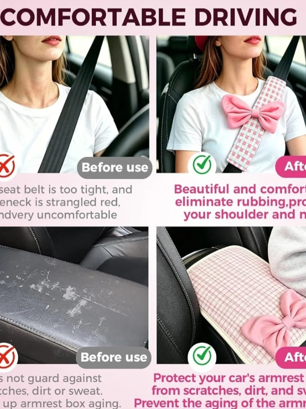 Cute Car Seat Belt Shoulder Pads with Armrest Cover Set, Pink Bow Car Interior A